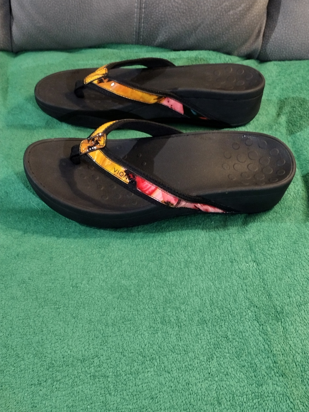 Vionic Women's Black Flip Flop Sandals with Yellow-Orange Accent - Picture 2 of 12